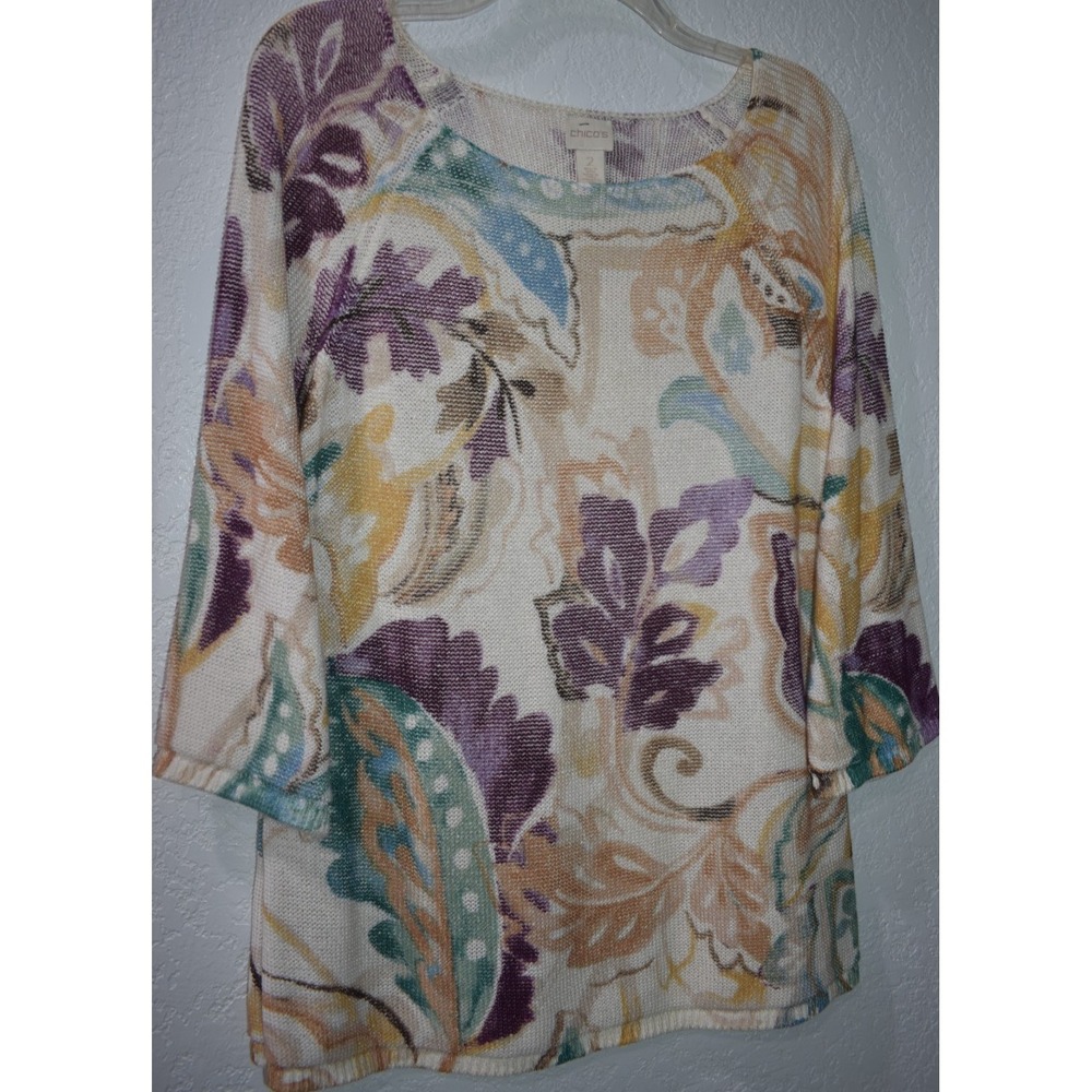 Chicos L /2 Lightweight Sweater Top Abstract Floral Pullover Costal Chic Artsy